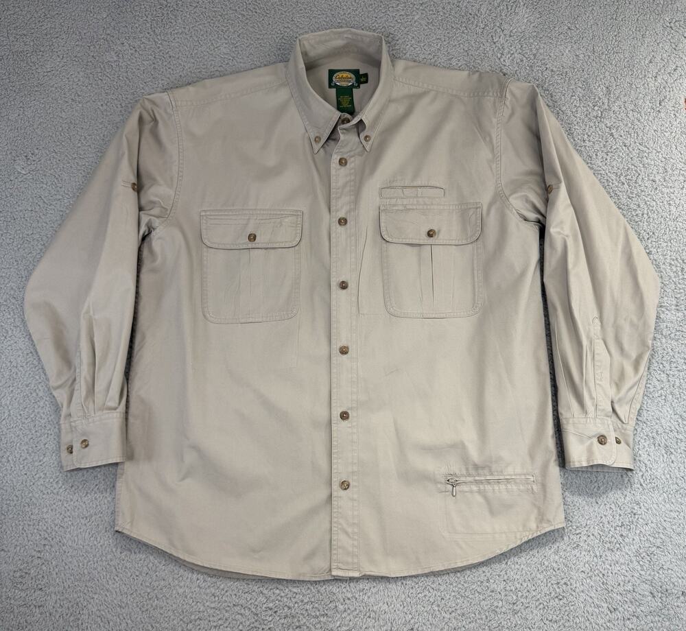 Cabelas Shirt Mens Large Beige Vented Fishing Button Front Outdoor Hiking Casual